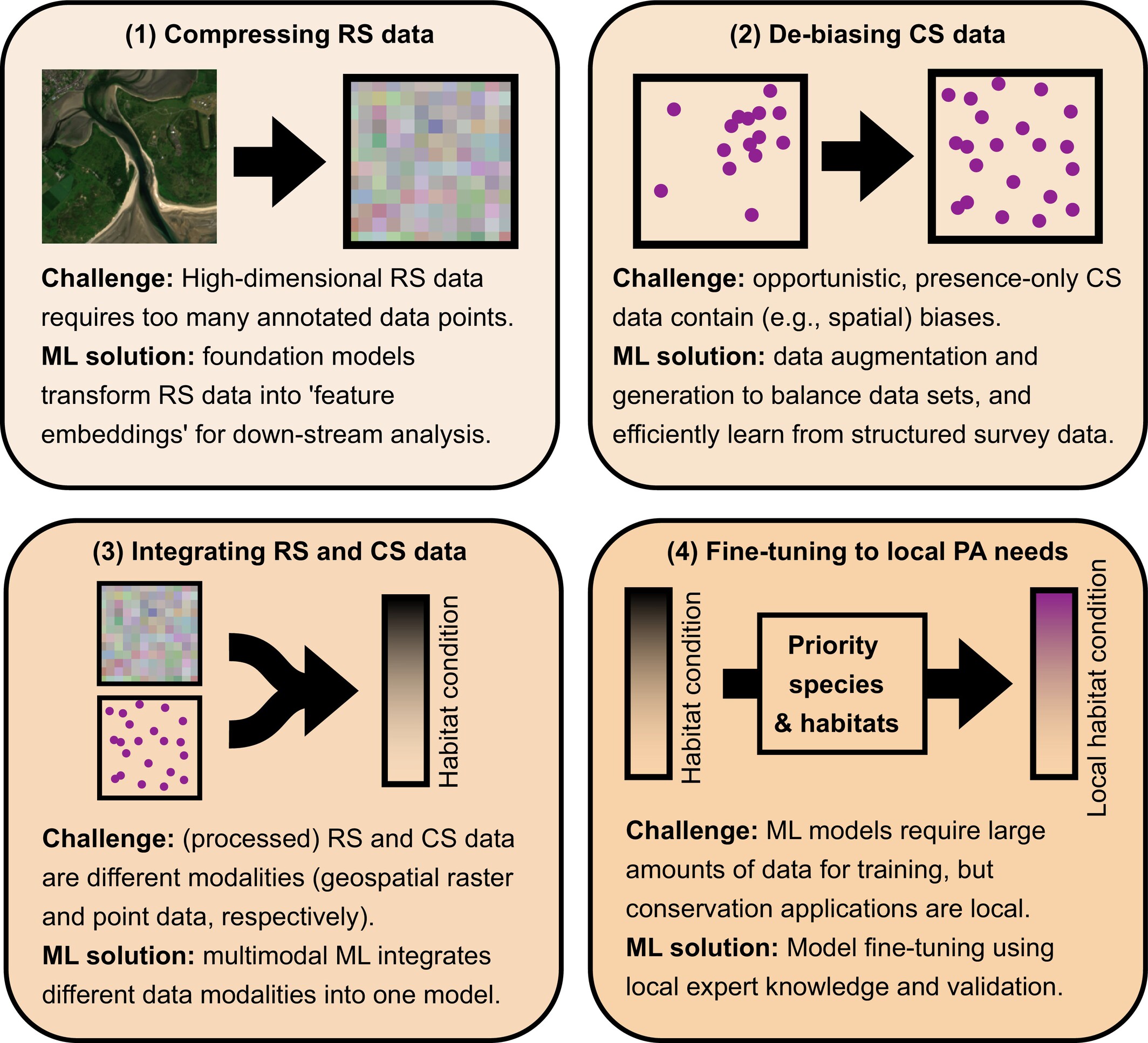Four challenges need to be overcome to deliver high-resolution biodiversity information, which can be addressed by advances in Machine Learning (ML).
